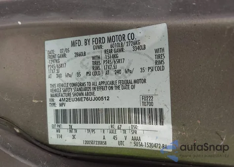 2006 Mercury Mountaineer Convenience z USA, uszkodzony, nr VIN 4M2EU36E76UJ00512